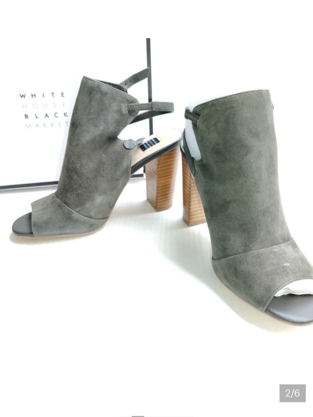 White House Black Market Olive Suede Peep-Toe Block Heel Booties - Picture 2 of 16